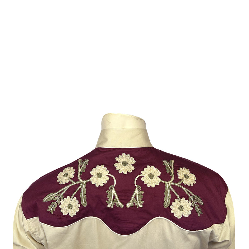 Men's Vintage 2-Tone Floral Embroidered Western Shirt in Tan & Burgundy