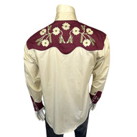 Men's Vintage 2-Tone Floral Embroidered Western Shirt in Tan & Burgundy
