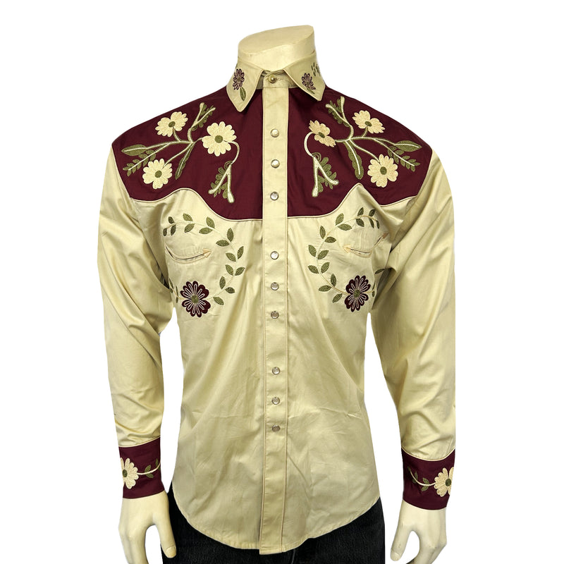 Men's Vintage 2-Tone Floral Embroidered Western Shirt in Tan & Burgundy