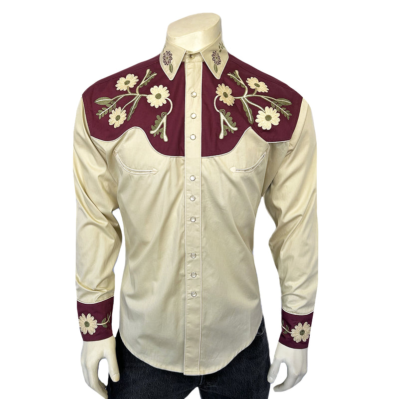 Men's Vintage 2-Tone Floral Embroidered Western Shirt in Tan & Burgundy - XXL Men's Vintage 2-Tone Floral Embroidered Western Shirt in Tan & Burgundy - XXL