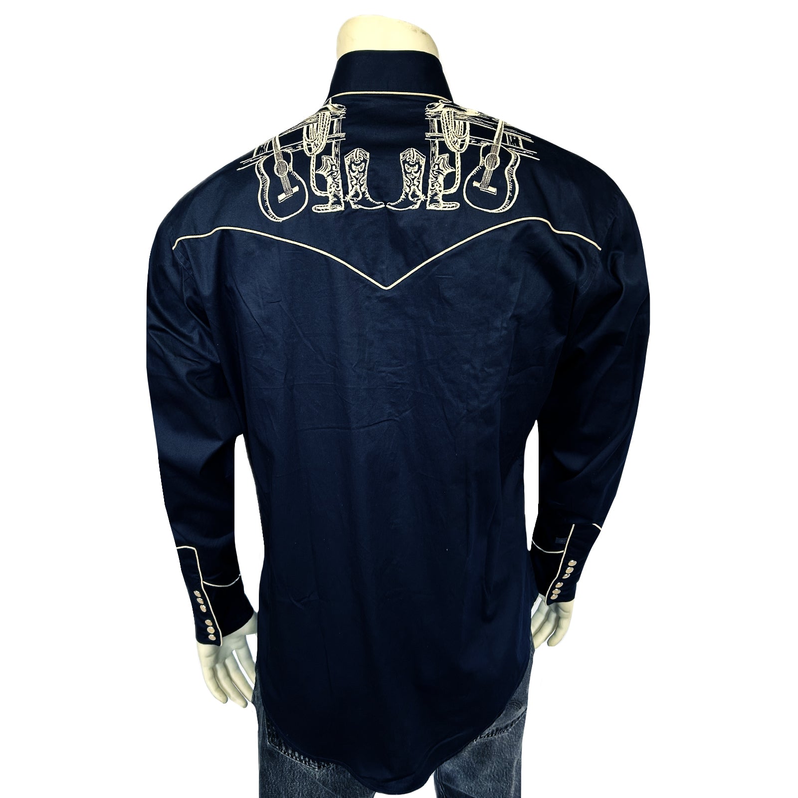 Men's Vintage Navy Guitar Embroidered Western Shirt