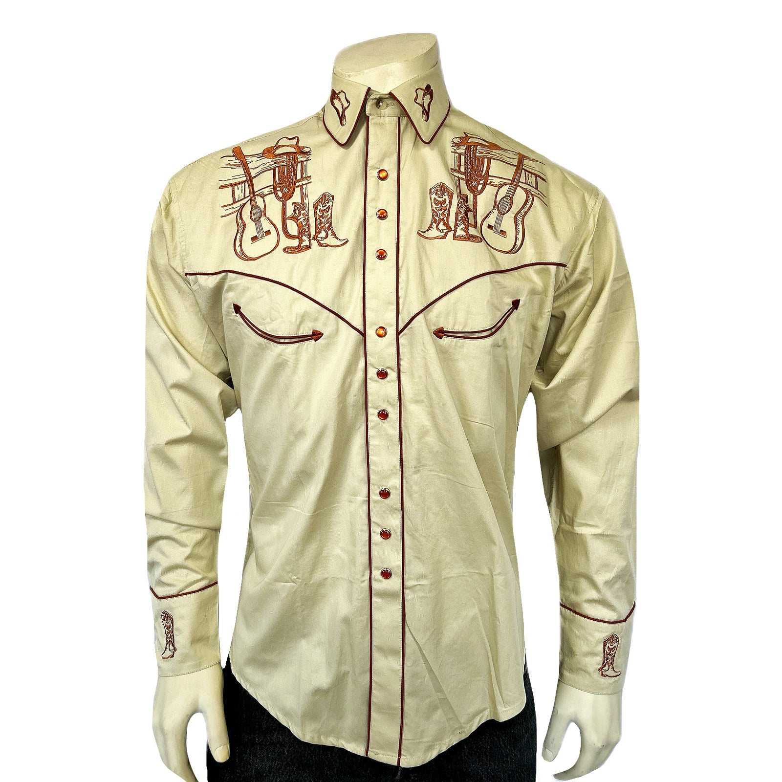 Men's Vintage Tan Guitar Embroidered Western Shirt