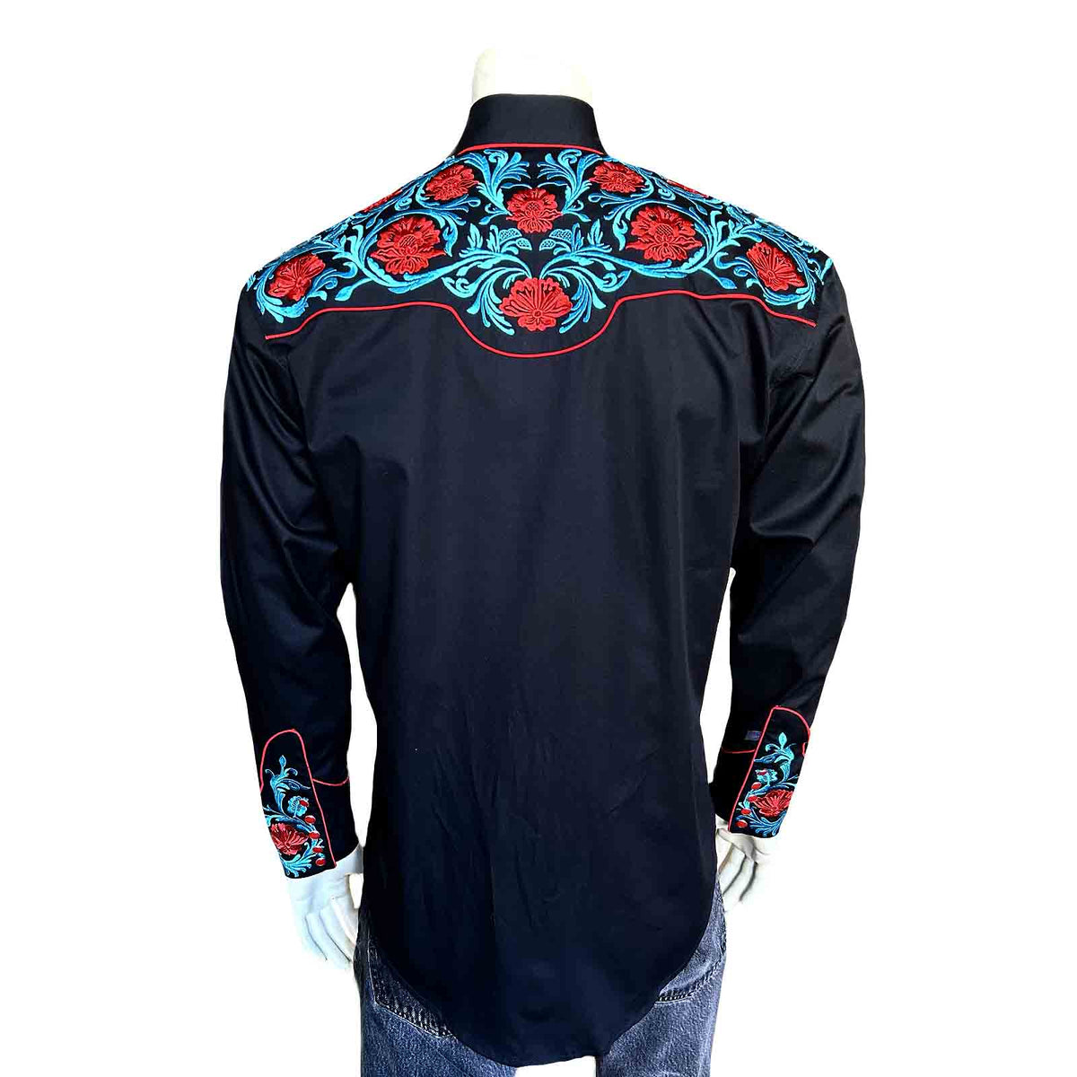 Men’s Black Vintage Western Shirt with Red Floral & Turquoise Embroidery