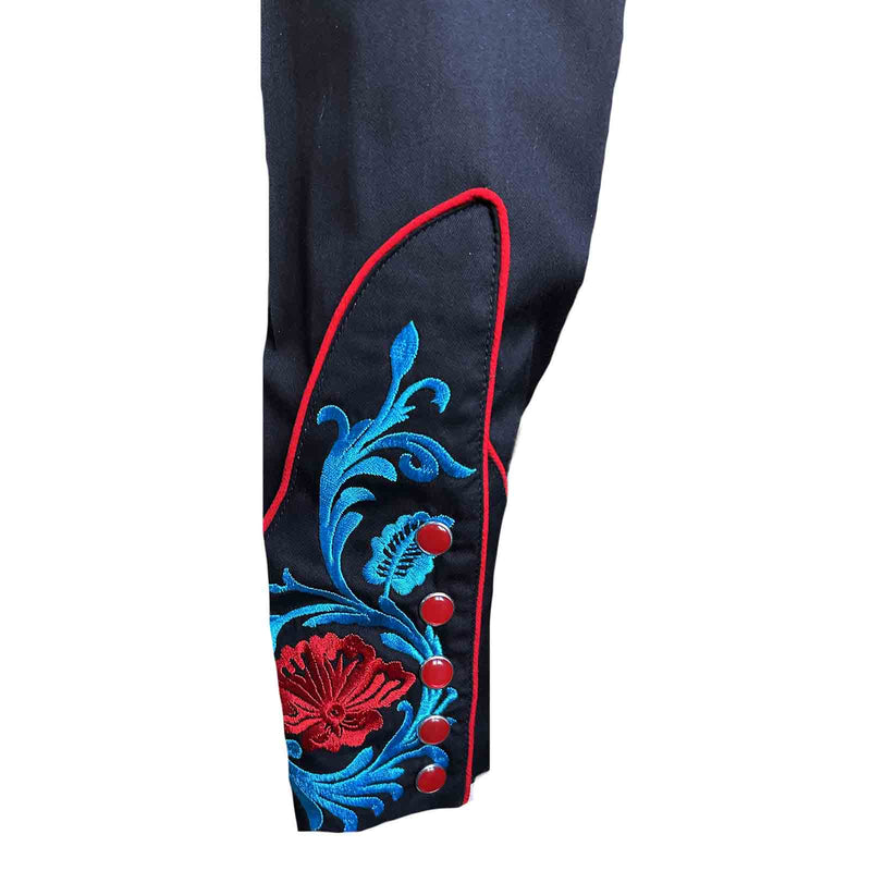 Men’s Black Vintage Western Shirt with Red Floral & Turquoise Embroidery
