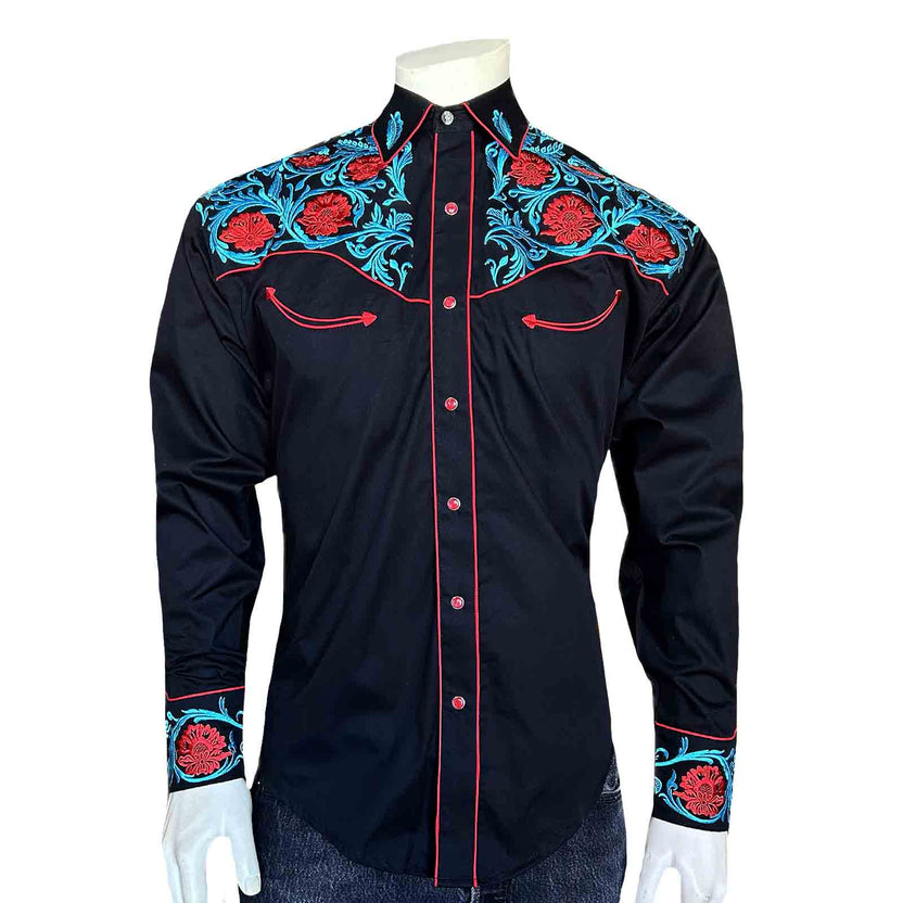 Rockmount Men’s Black Vintage Shirt with Red Floral & Turquoise Embroidery