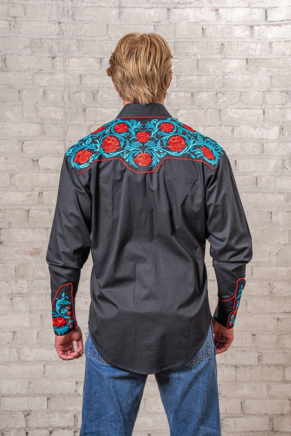 Men’s Vintage Red Floral & Turquoise Embroidered Western Shirt in Black