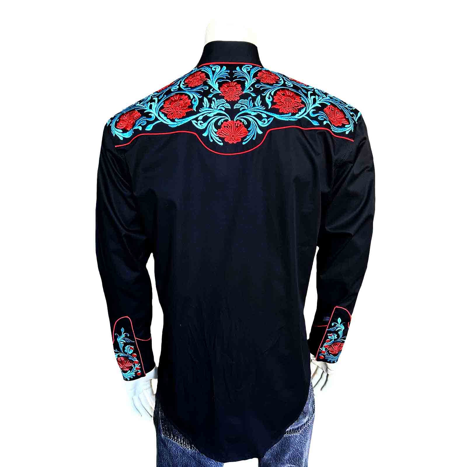 Men’s Vintage Red Floral & Turquoise Embroidered Western Shirt in Black