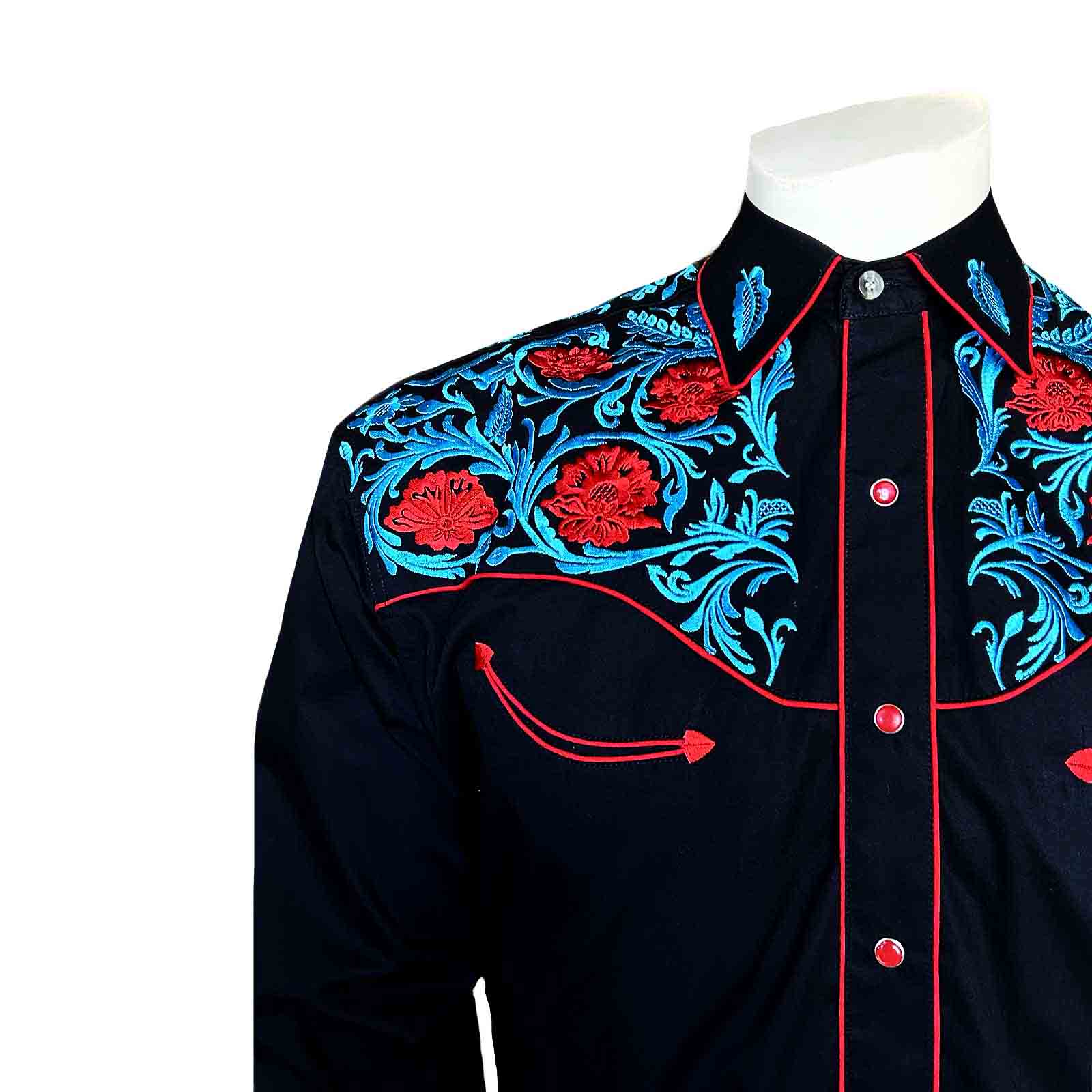 Men’s Vintage Red Floral & Turquoise Embroidered Western Shirt in Black