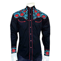 Men’s Vintage Red Floral & Turquoise Embroidered Western Shirt in Black