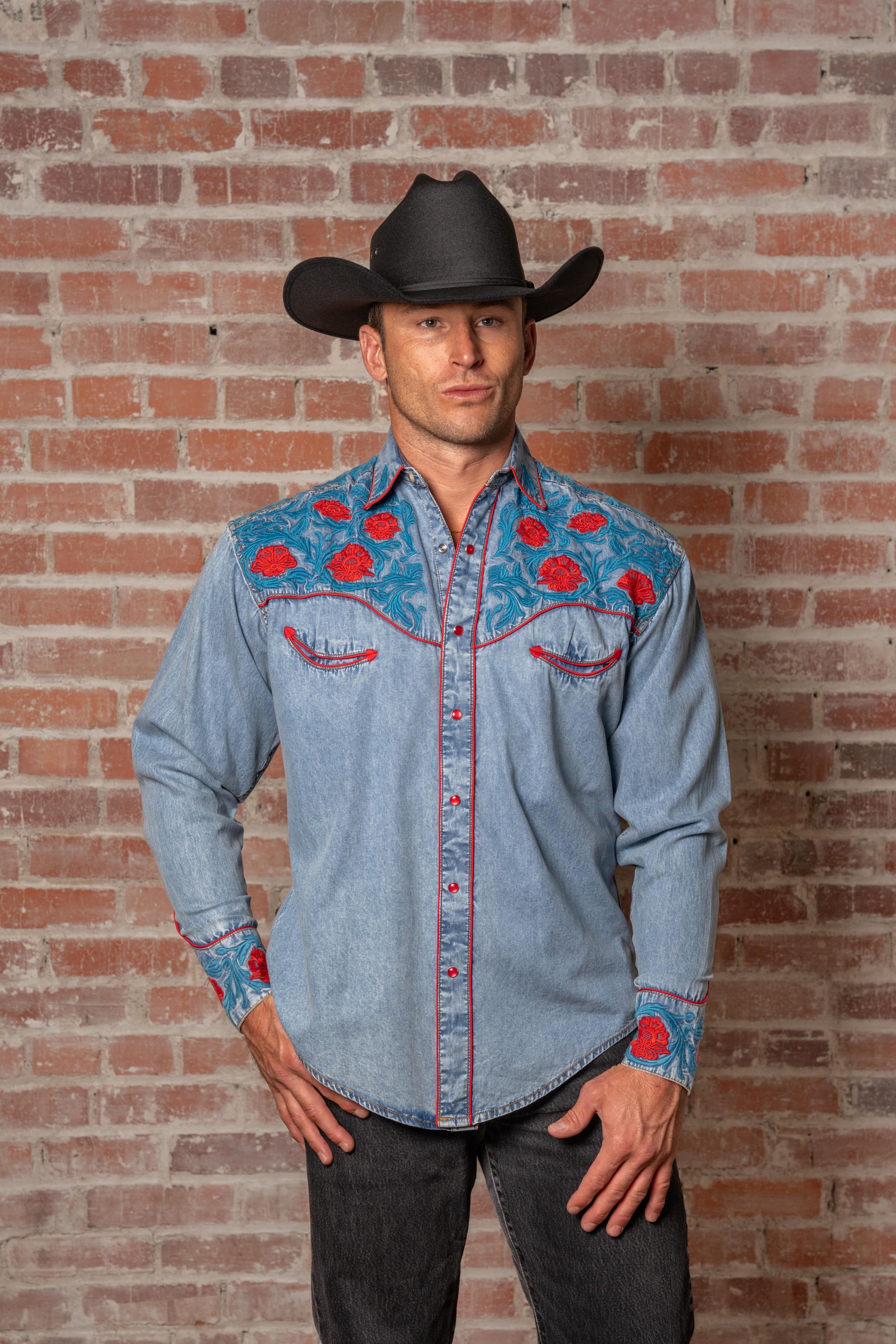 Men's Vintage Denim Red Floral Turquoise Embroidered Western Shirt by Rockmount Ranch Wear, vintage western shirt