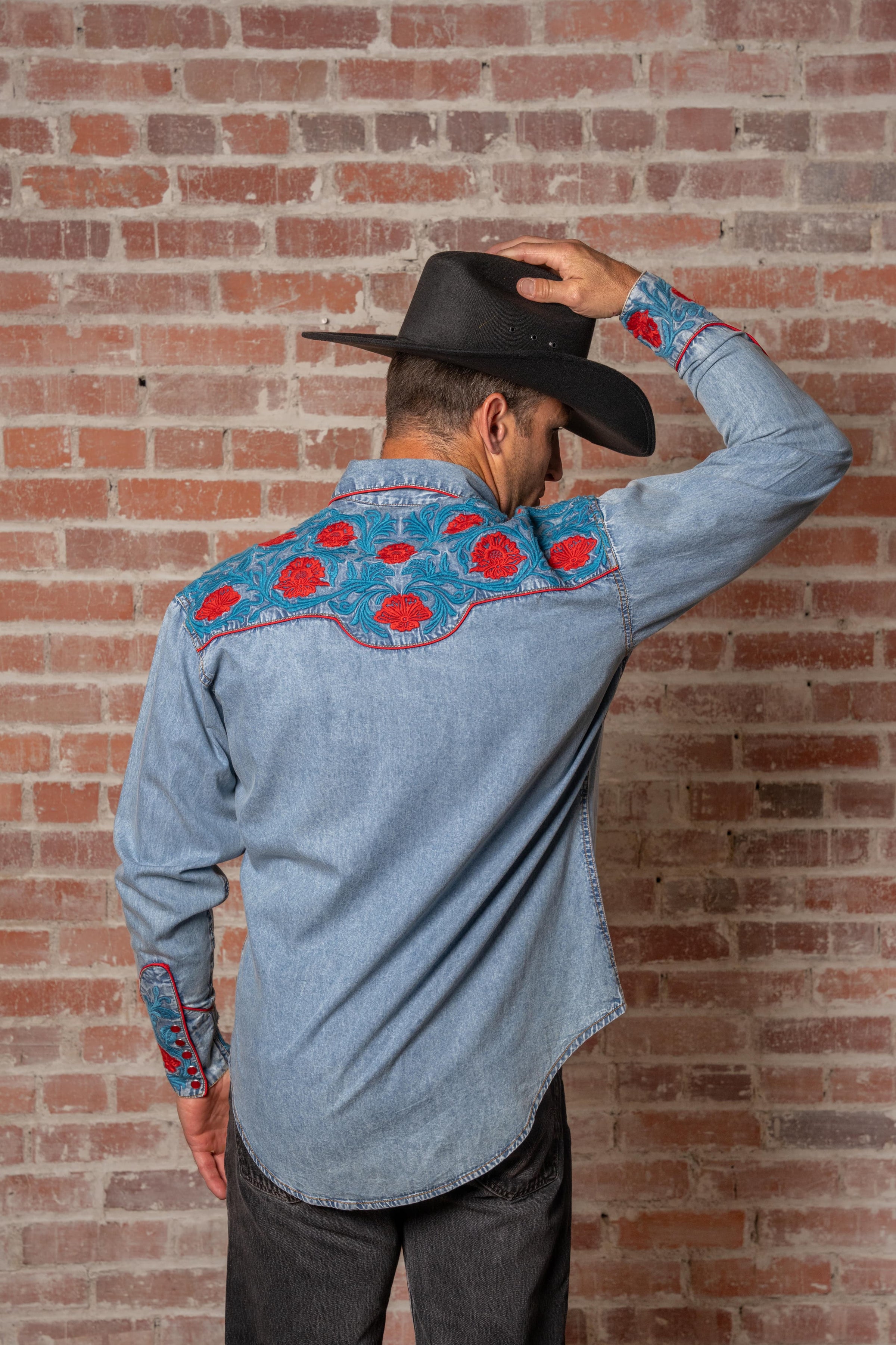 Men's Vintage Denim Red Floral Turquoise Embroidered Western Shirt by Rockmount Ranch Wear, vintage denim