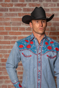 Men's Vintage Denim Red Floral Turquoise Embroidered Western Shirt by Rockmount Ranch Wear, denim western shirt