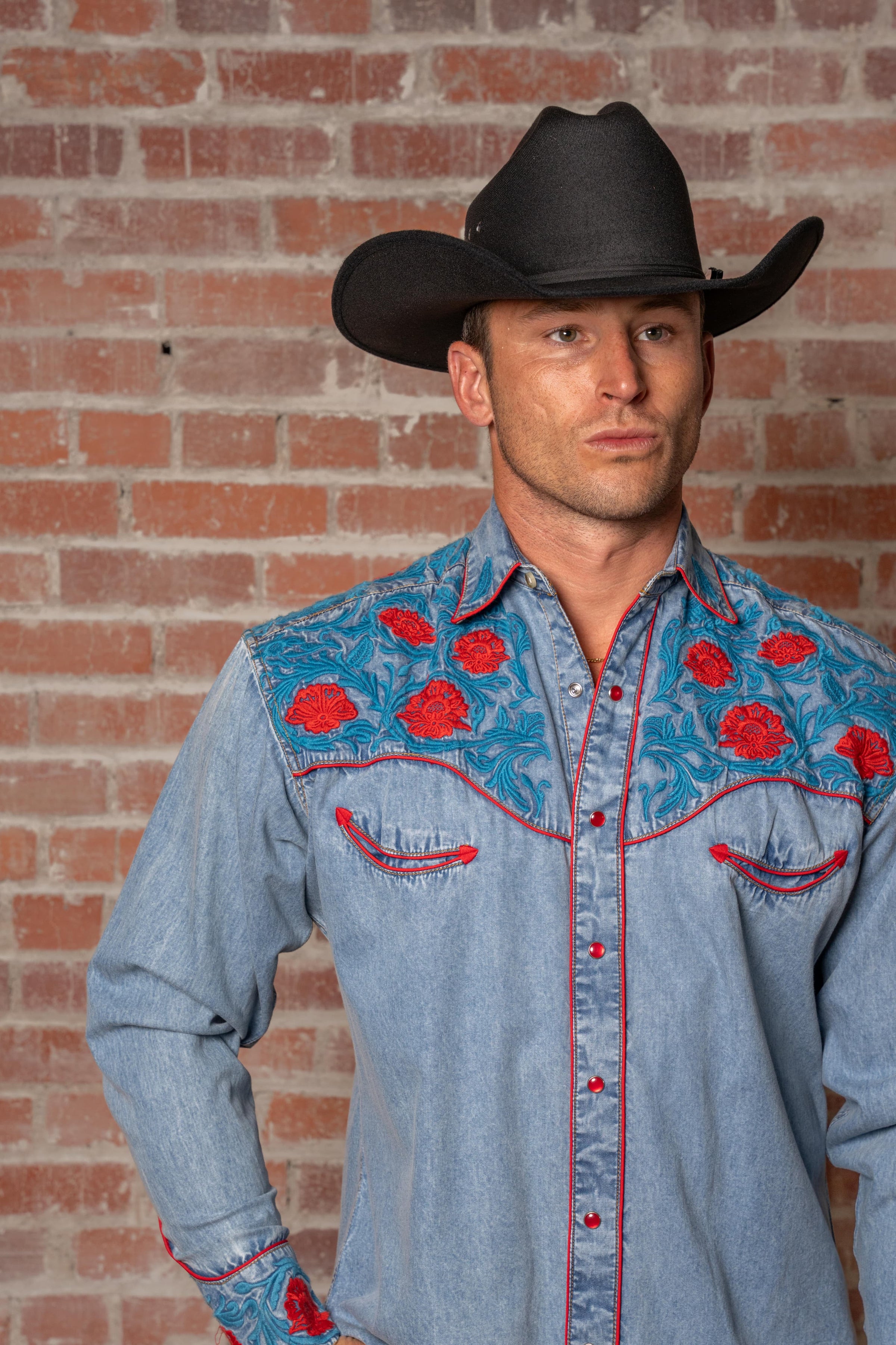 Men's Vintage Denim Red Floral Turquoise Embroidered Western Shirt by Rockmount Ranch Wear, denim western shirt