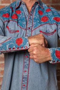 Men's vintage denim red floral western shirt by Rockmount Ranch Wear with embroidered snap button cuffs
