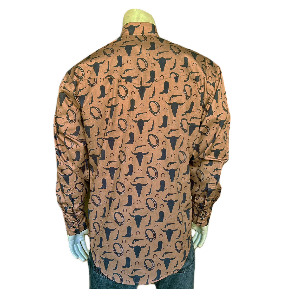 Men's Vintage Brown Lariat Boot Steer Skull Print Western Shirt
