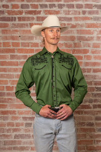 Men's Vintage Green Rider Embroidered Western Shirt