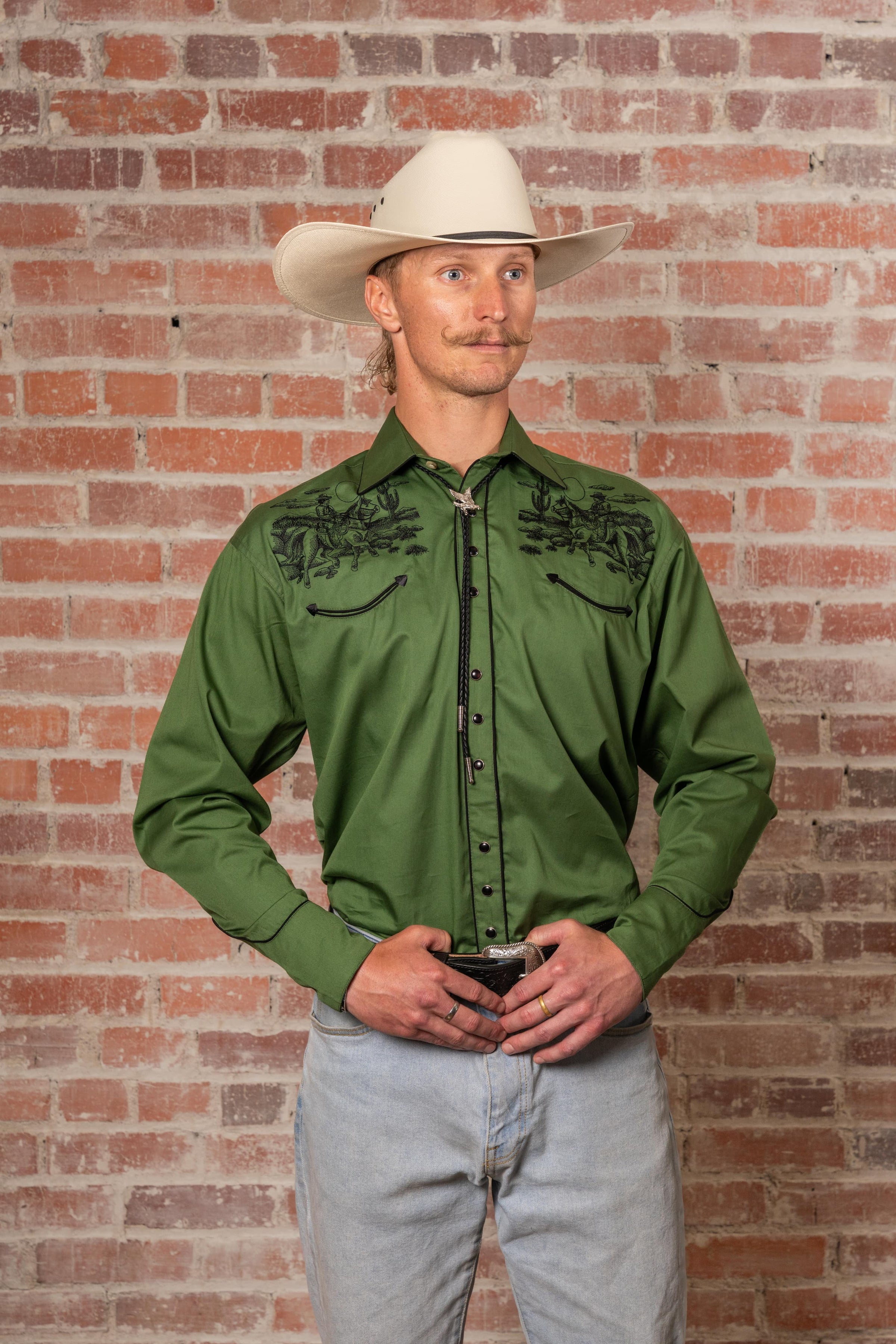 Men's Vintage Green Rider Embroidered Western Shirt