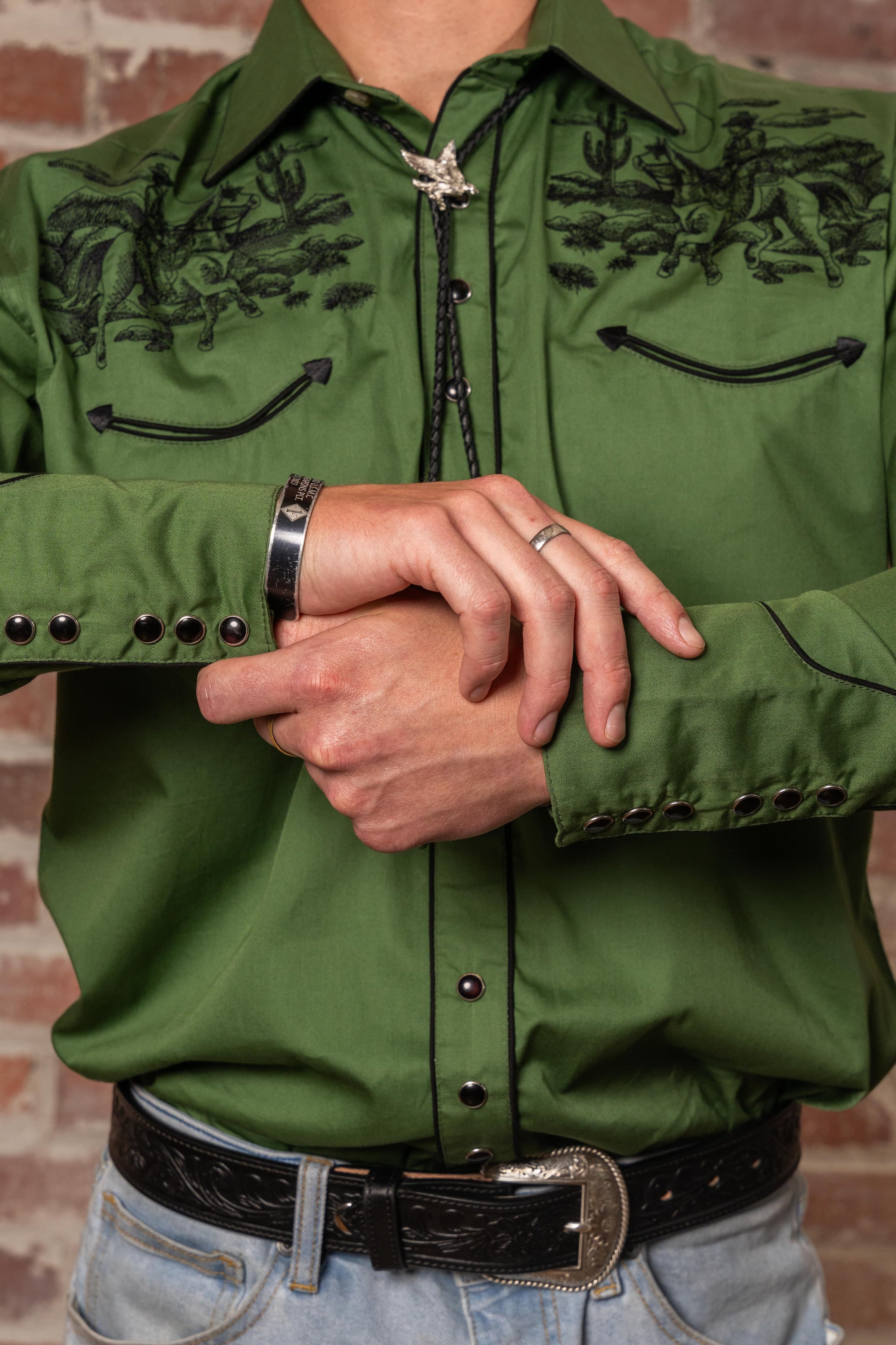 Men's Vintage Green Rider Embroidered Western Shirt
