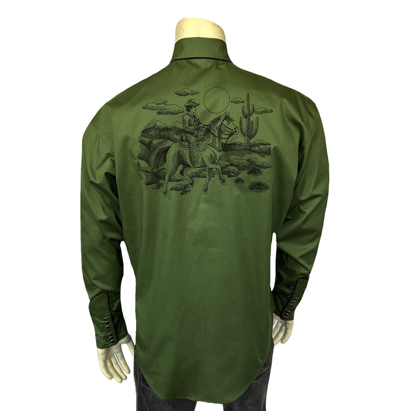 Men's Green Vintage Rider Embroidered Western Shirt