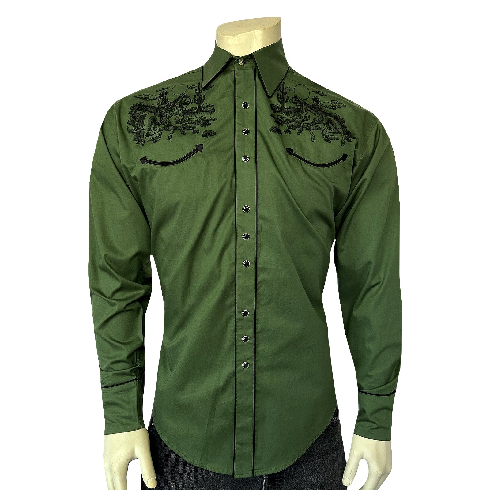 Men's Vintage Green Rider Embroidered Western Shirt