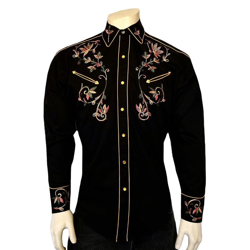 Men's Black Vintage Variegated Floral Embroidered Western Shirt