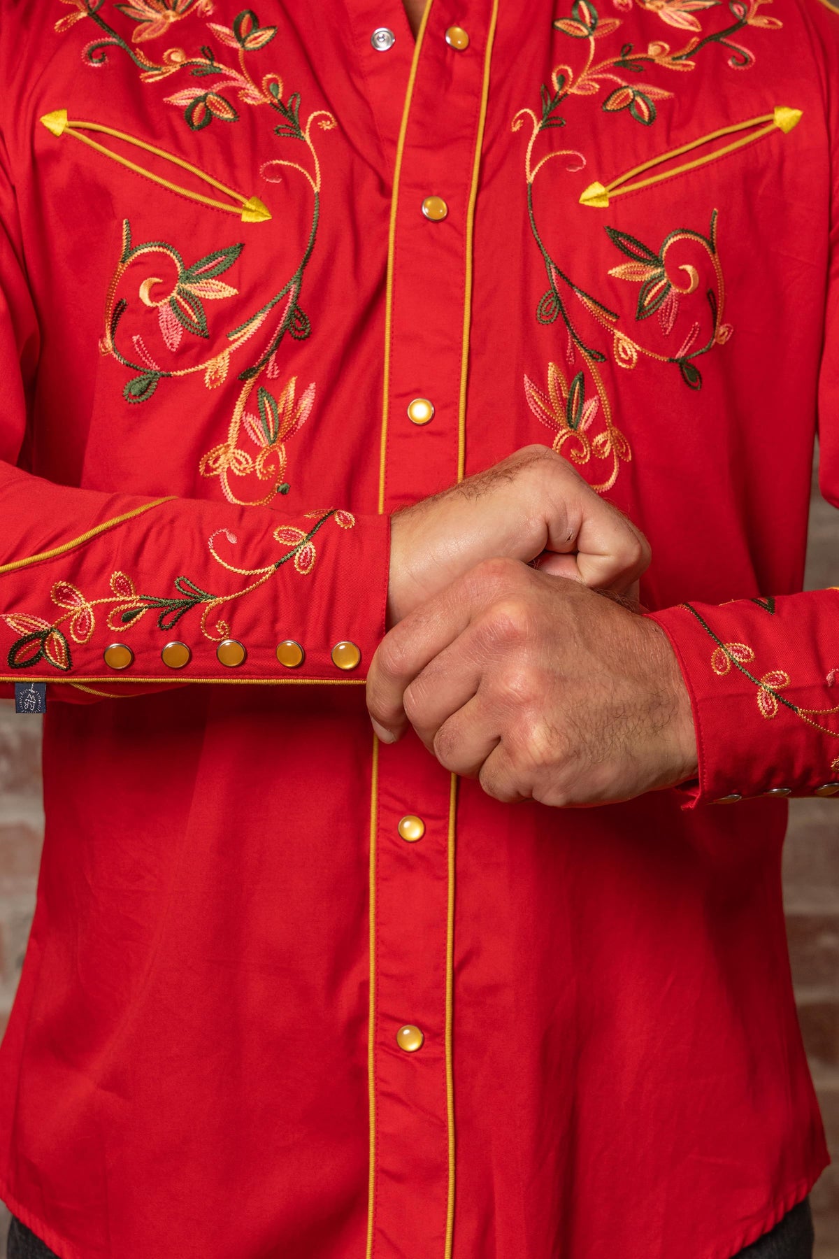 Men's Red Vintage Variegated Floral Embroidered Western Shirt