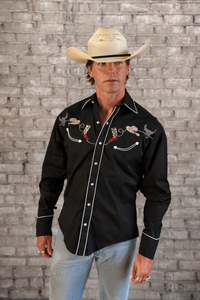Men's Black Boot, Hat & Skull Embroidered Western Shirt