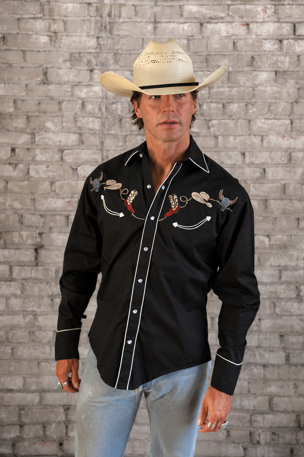 Men's Black Boot, Hat & Skull Embroidered Western Shirt