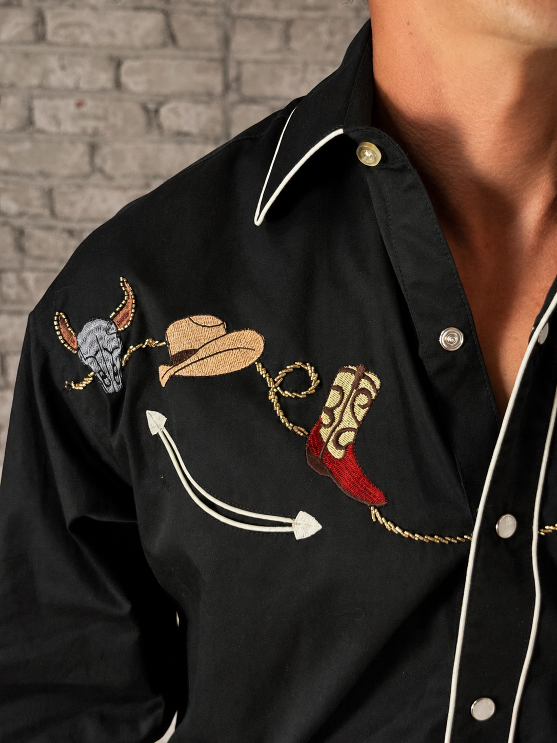 Men's Black Boot, Hat & Skull Embroidered Western Shirt