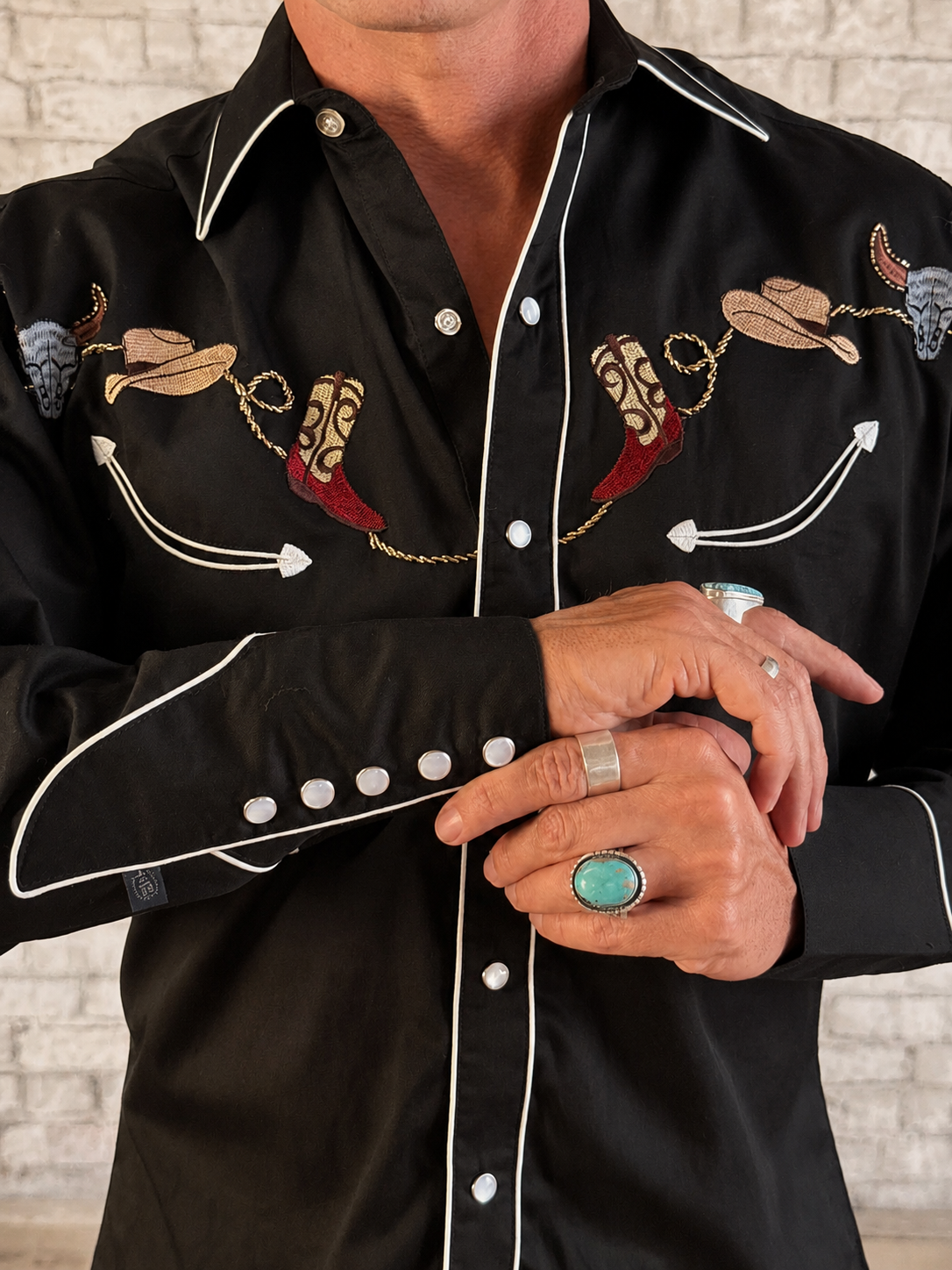 Men's Black Boot, Hat & Skull Embroidered Western Shirt