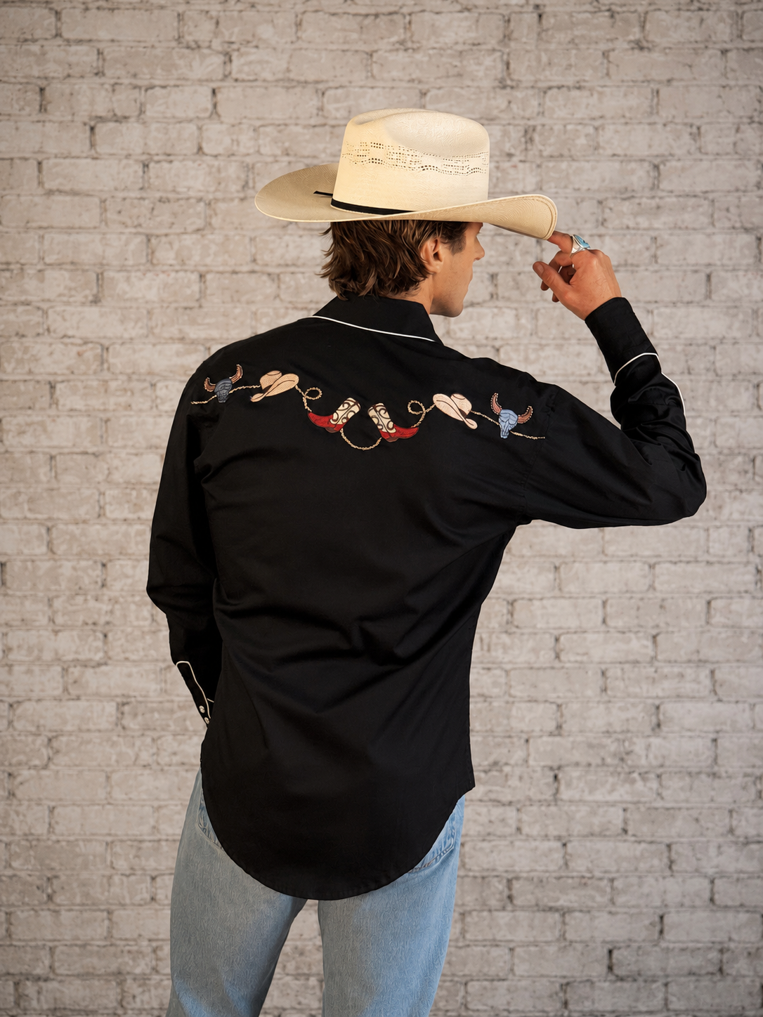 Men's Black Boot, Hat & Skull Embroidered Western Shirt