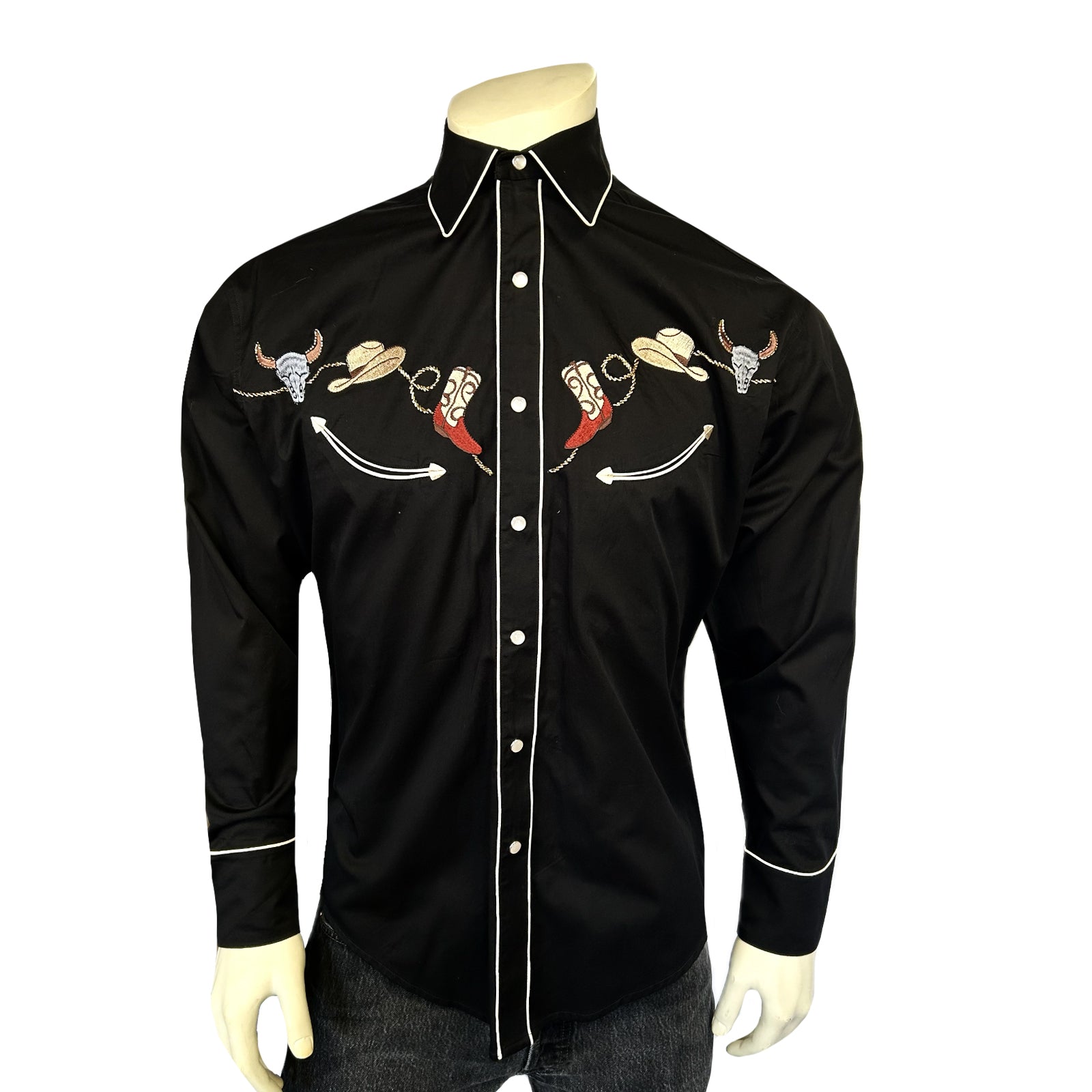 Men's Black Boot, Hat & Skull Embroidered Western Shirt