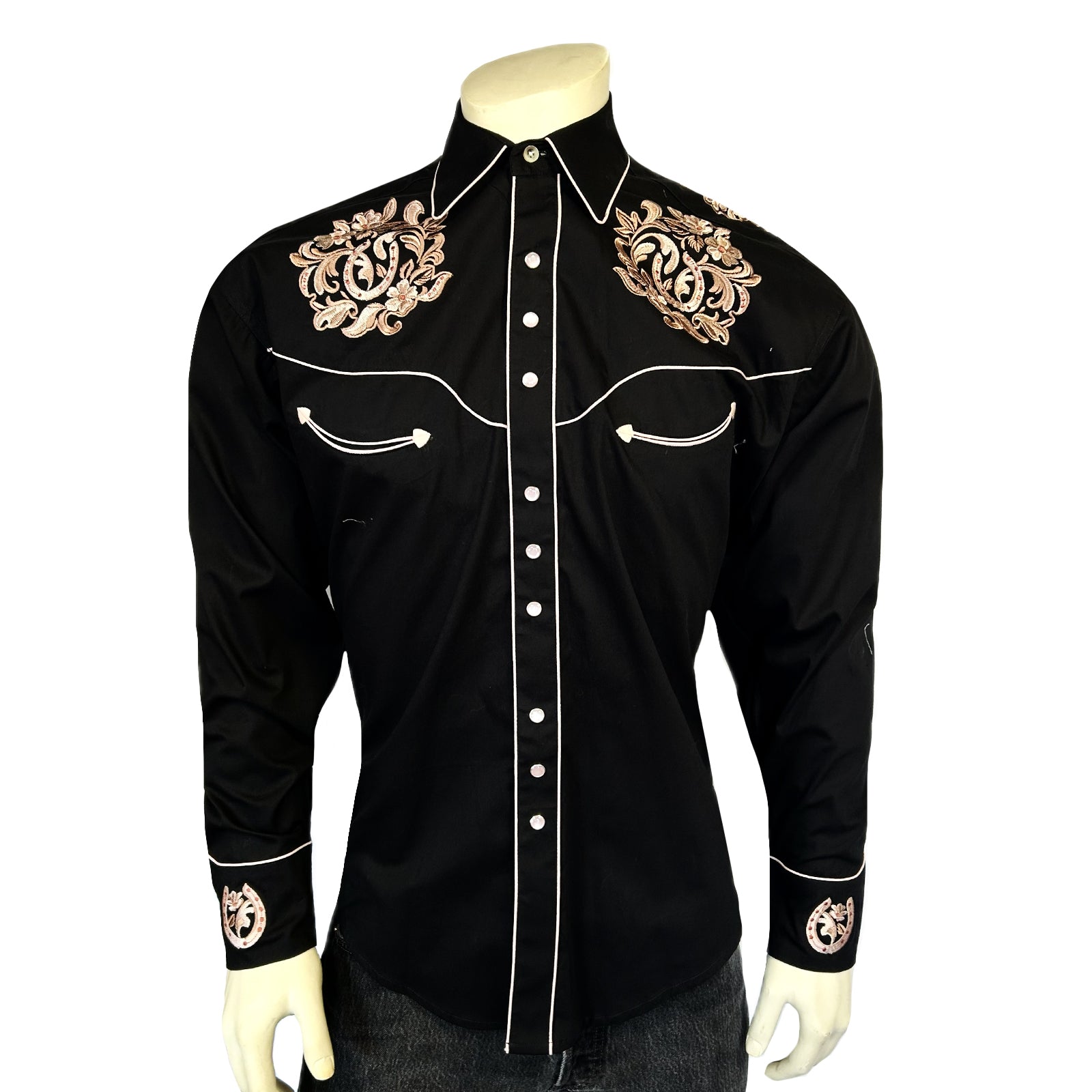 Men's Black with Brown Floral Horseshoe Embroidered Western Shirt