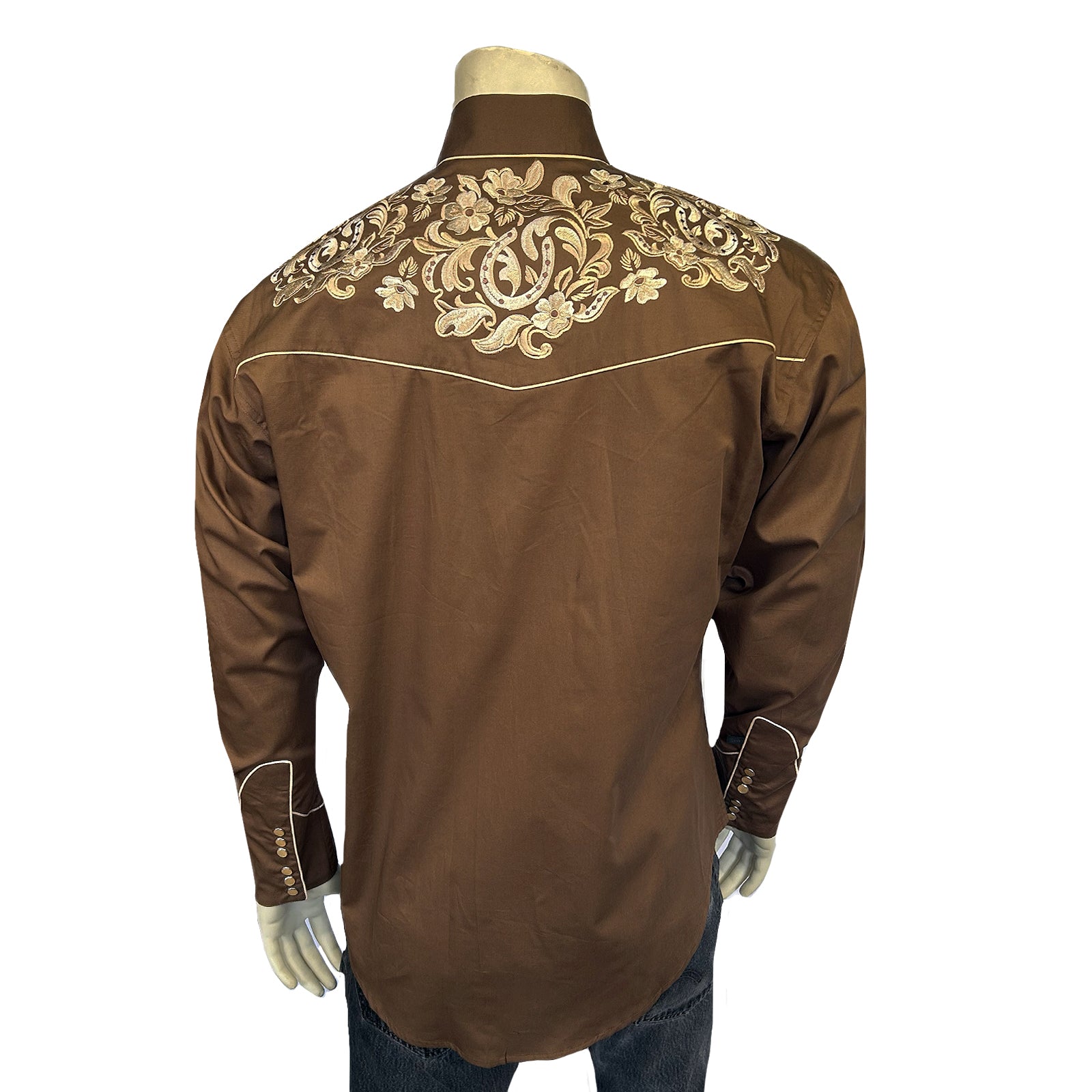 Men's Brown with Tan Floral Horseshoe Embroidered Western Shirt