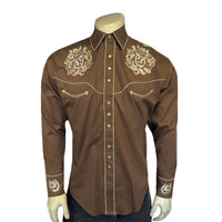 Men's Brown with Tan Floral Horseshoe Embroidered Western Shirt