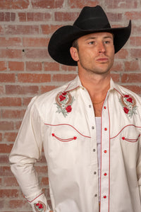 Men’s Ivory Floral & Horseshoe Embroidery Western Shirt