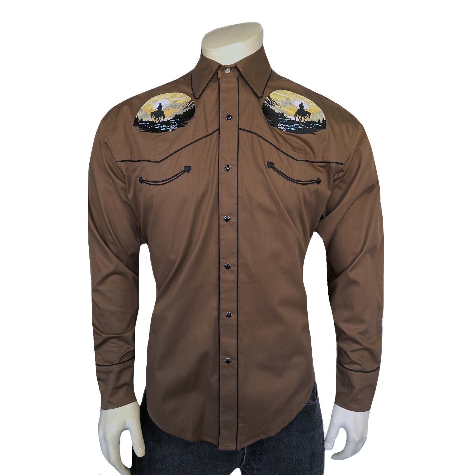 Men's Brown Cowboy Sunset Embroidered Western Shirt
