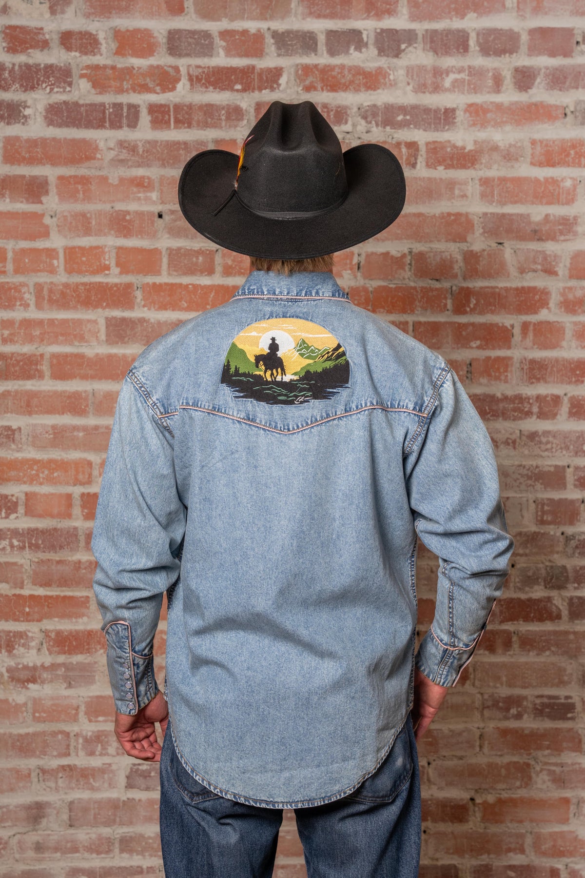 Men's Denim Cowboy Sunset Embroidery Western Shirt