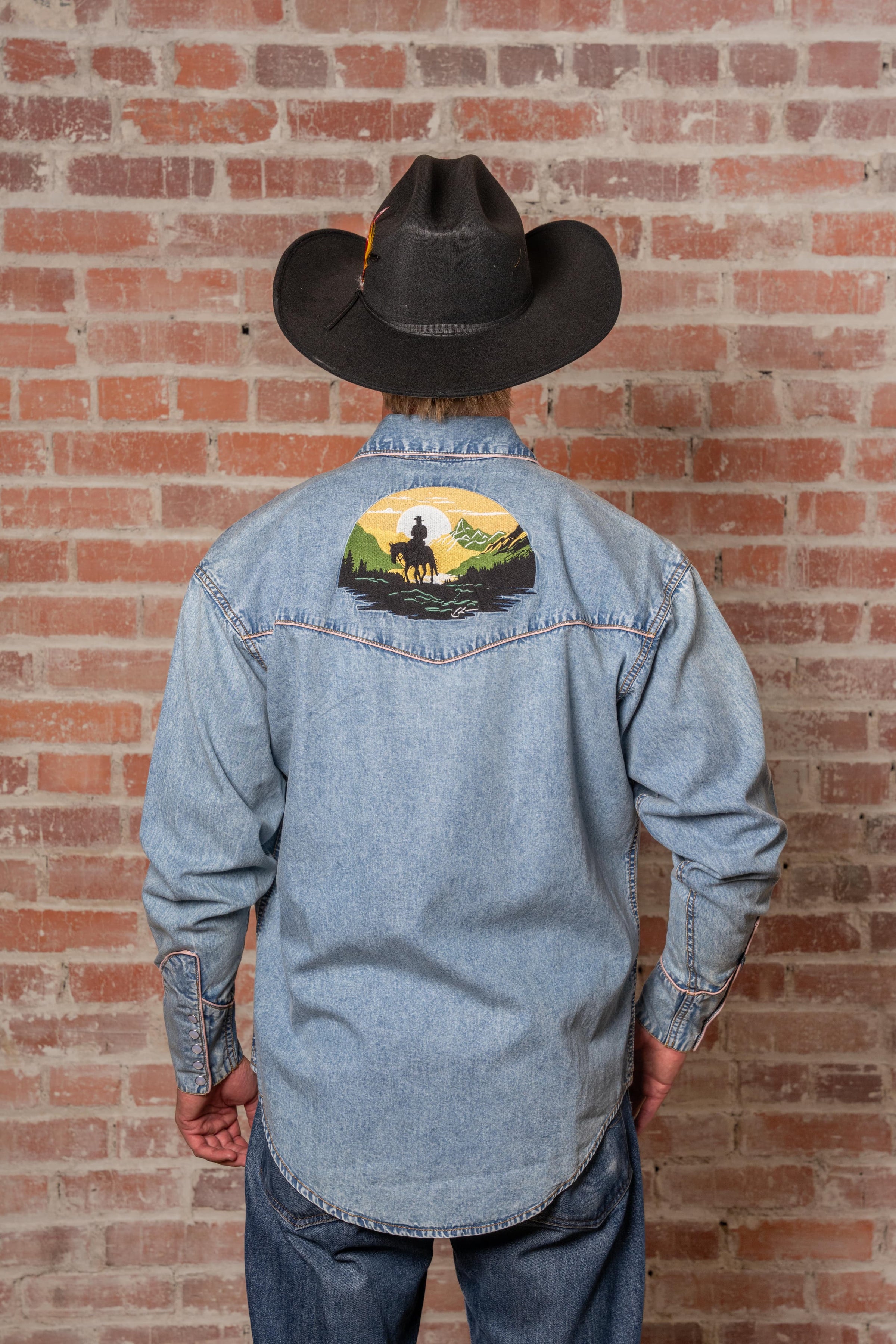 Men's Denim Cowboy Sunset Embroidery Western Shirt