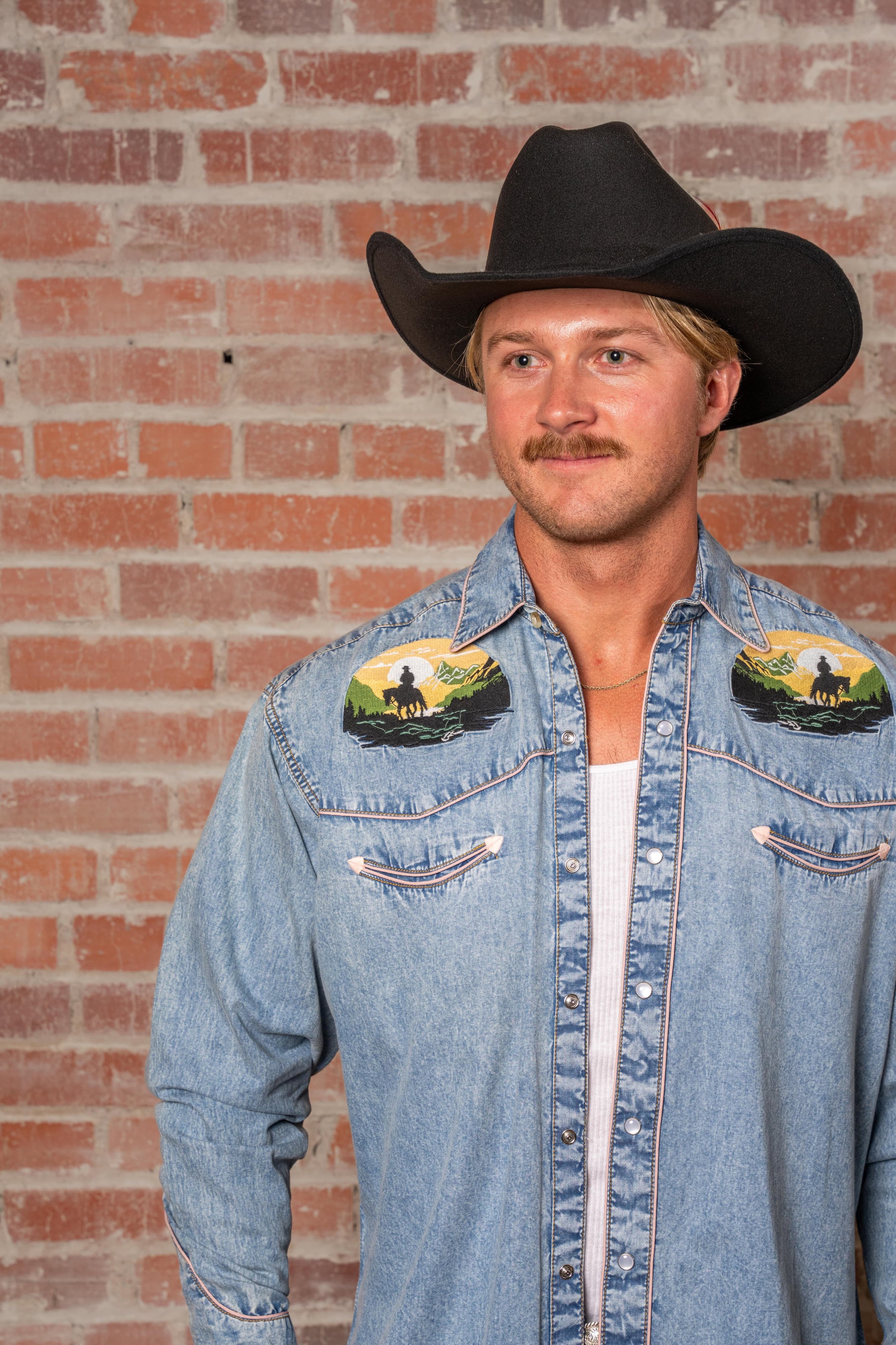 Men's Denim Cowboy Sunset Embroidery Western Shirt