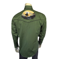 Men's Green Cowboy Sunset Embroidered Western Shirt
