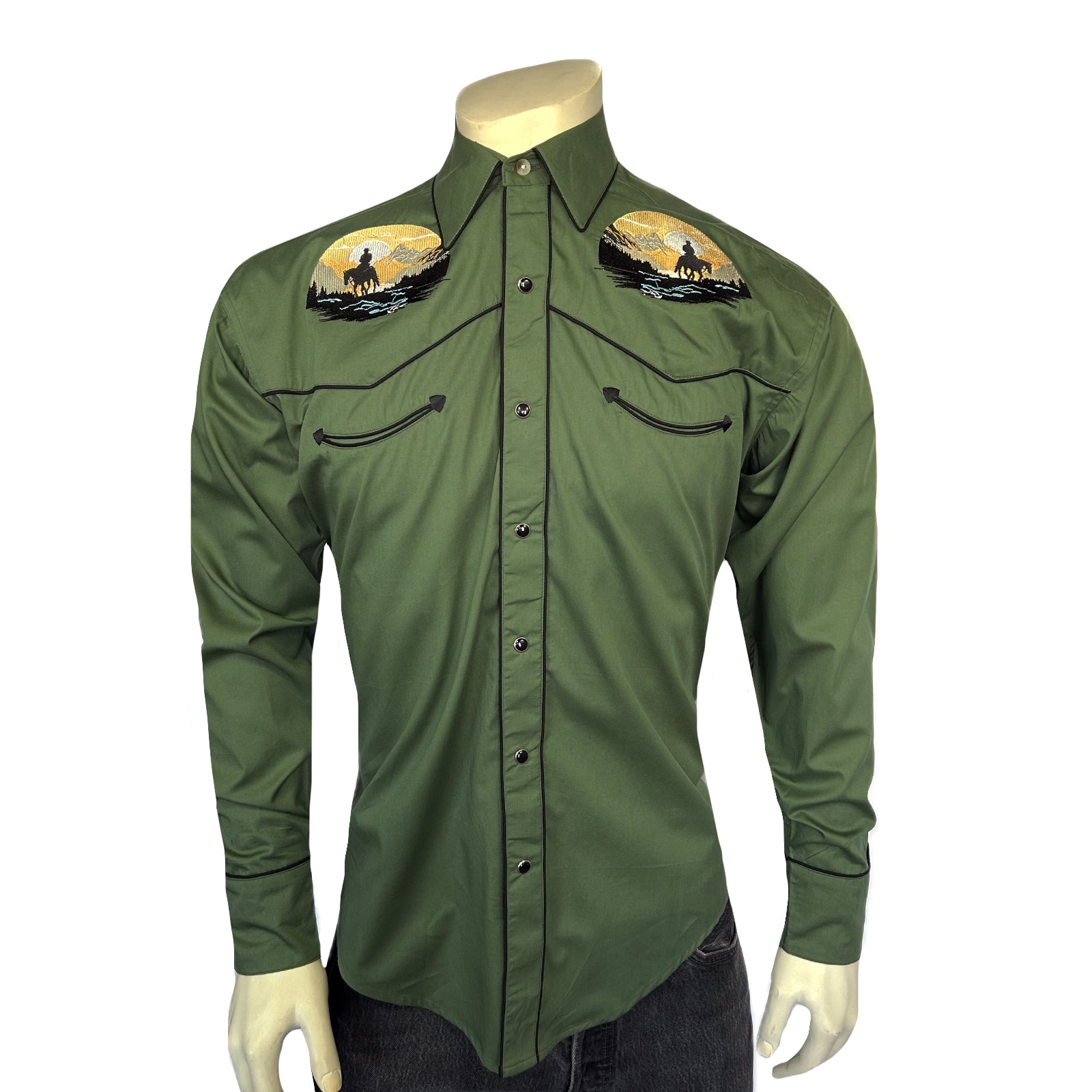Men's Green Cowboy Sunset Embroidered Western Shirt