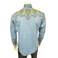 Men's Denim Boot Design Embroidered Western Shirt