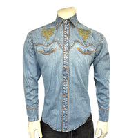 Men's Denim Boot Design Embroidered Western Shirt