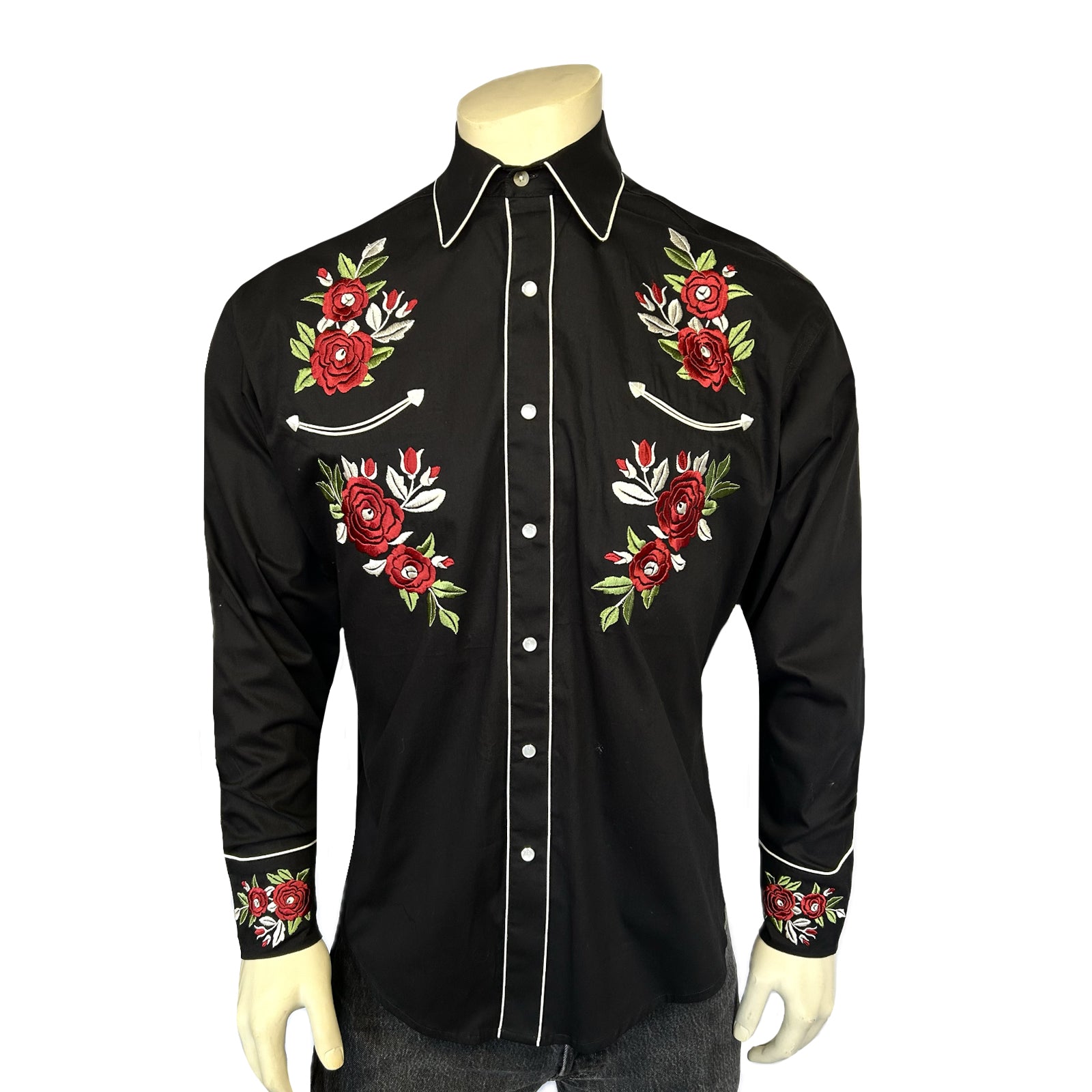 Men's Black Red Roses & Steerhead Embroidered Western Shirt