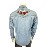 Men's Denim & Burgundy Floral Embroidered Western Shirt