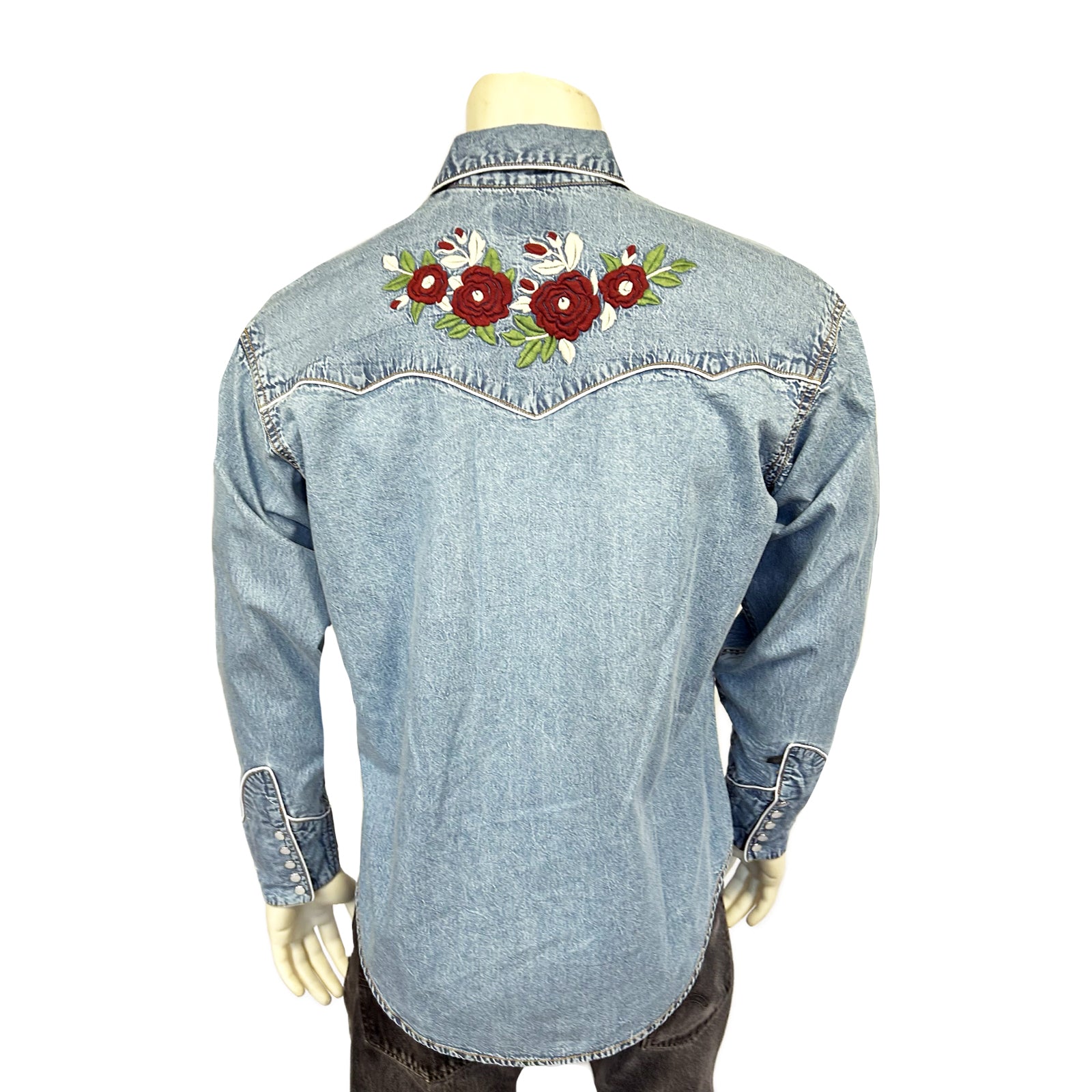 Men's Denim & Burgundy Floral Embroidered Western Shirt