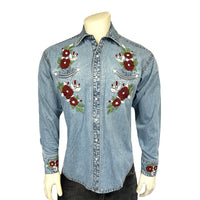 Men's Denim & Burgundy Floral Embroidered Western Shirt