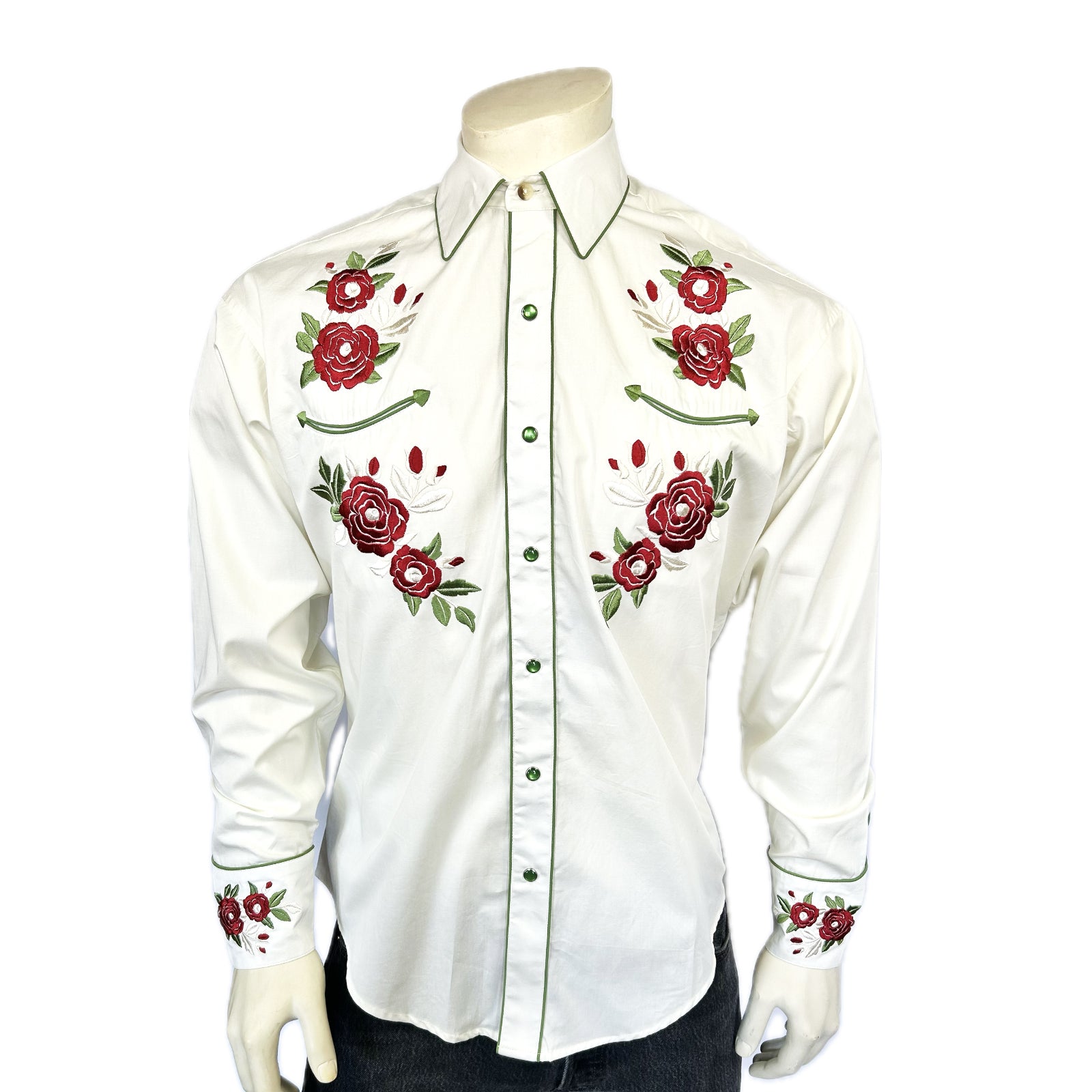Men's Ivory & Burgundy Floral Embroidered Western Shirt