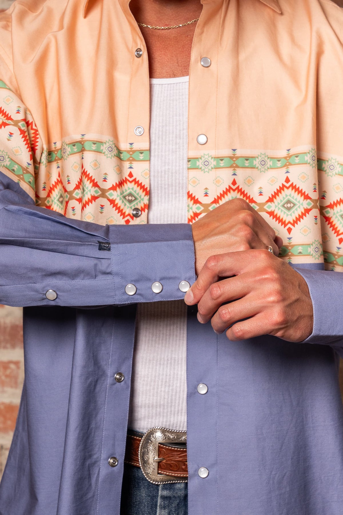 Native Pattern Peach & Blue 2-Tone Print Western Shirt